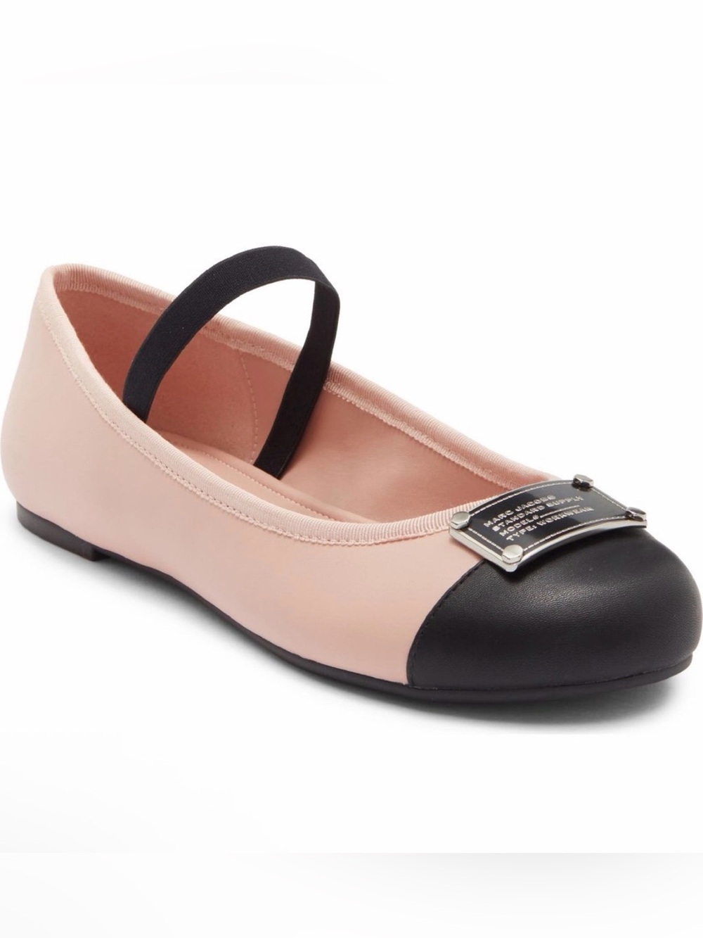 Marc Jacobs Blush Pink and Black Leather Ballet Flat with Logo Plaque